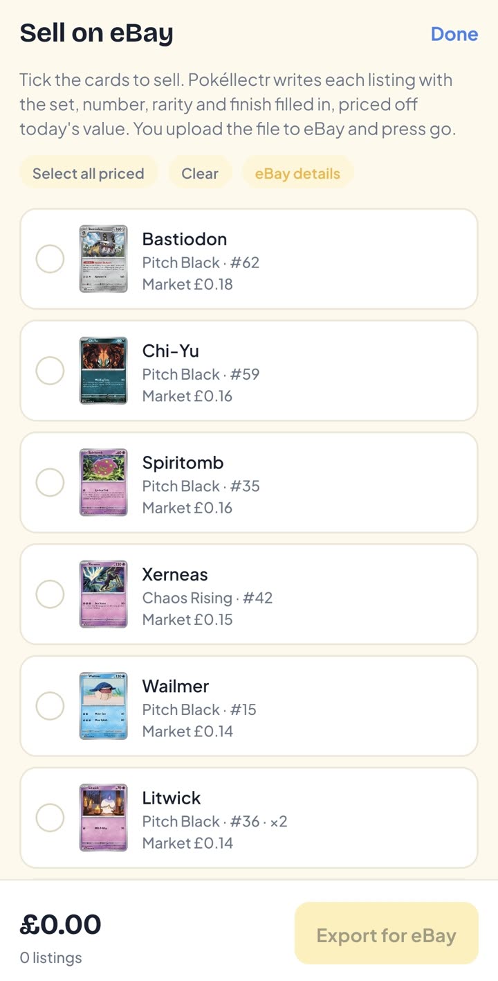 Sell on eBay: cards ticked for listing with their market prices