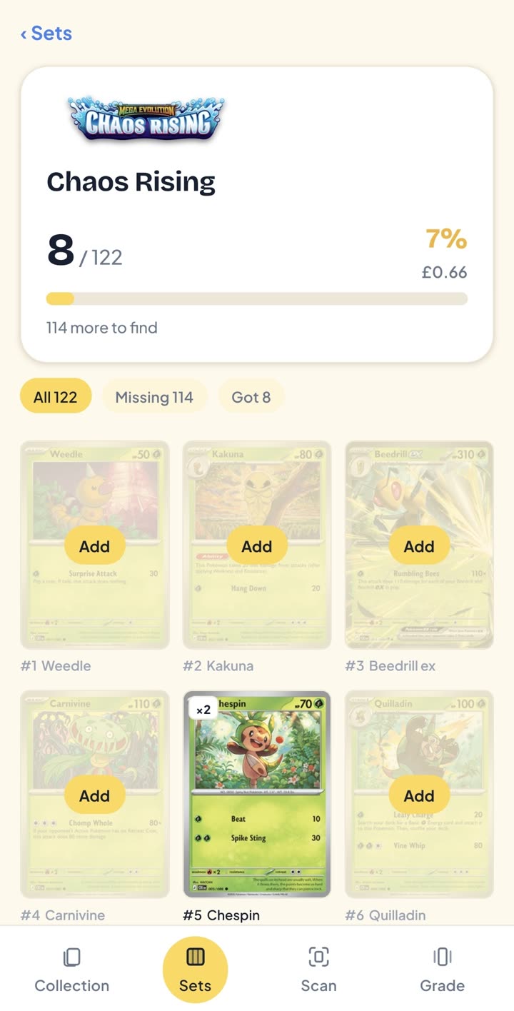 The Chaos Rising checklist, 8 of 122 cards owned, in card-number order